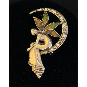 Liz Claiborne Fairy Crescent Moon Brooch Green Yellow enamel wings & crystals